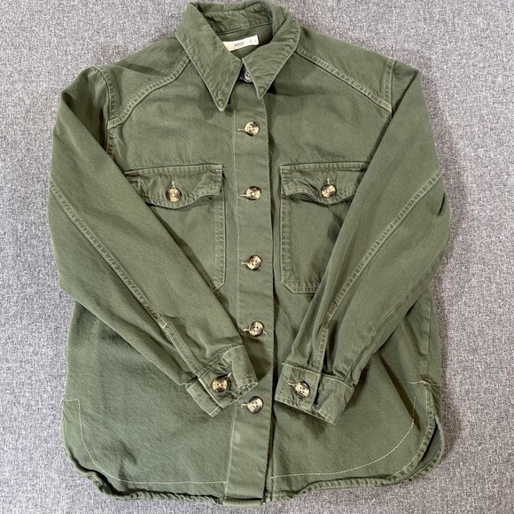 Mng Basics Tops - MNG Mango Denim Utility Overshirt Jacket Womens L US 8 Green 100% Cotton